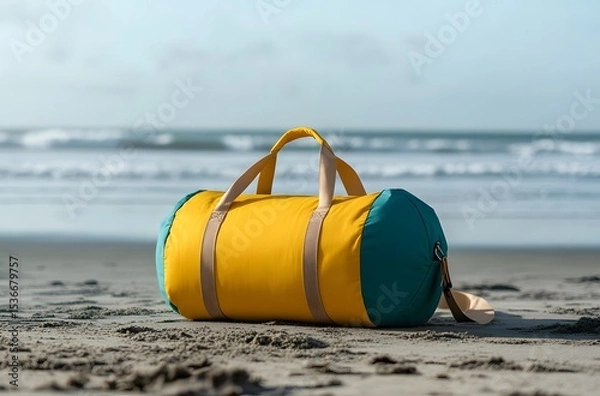 Obraz A travel bag and the calm nature of the sea represent the idea of ​​creating a pleasant environment by the sea for a little peace and tranquility in the summer heat.