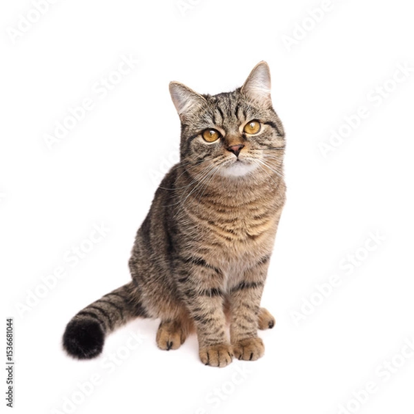 Fototapeta Cute brown tabby cat with striped fur and amber eyes sitting upright and staring forward with a curious, calm expression against a white background