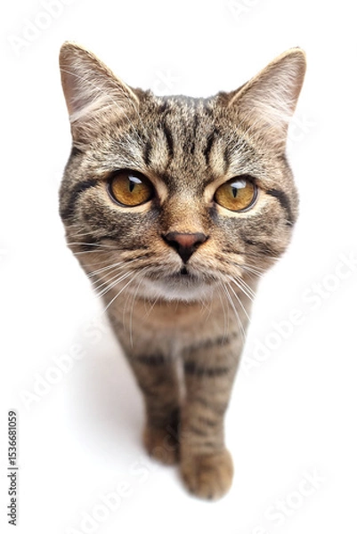 Fototapeta Front-facing tabby cat with golden eyes, raised paw and focused expression walking toward the camera, captured against a white background