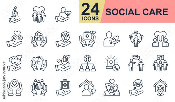 Obraz Social care Icons set vector illustration. Containing elderly care, community, donation, family support, volunteer and more. Simple line icons collection.