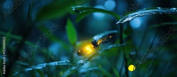 Obraz A luminous firefly rests on a dewy leaf in a mystical forest.