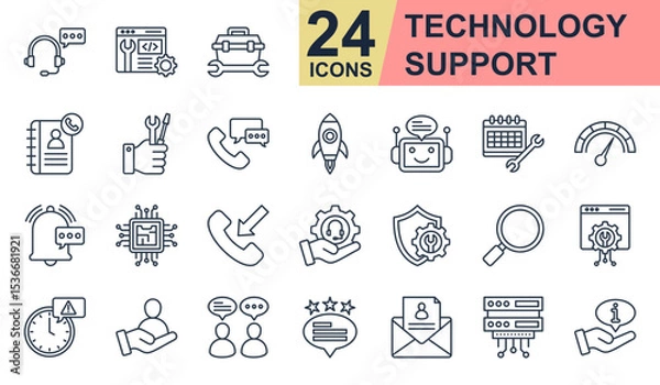 Obraz Technology support Icons set vector illustration. Containing call center, contact book, bot chat, maintenance support, information and more. Simple line icons collection.