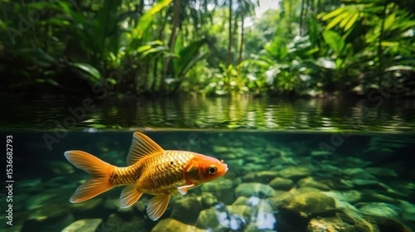 Obraz Golden fish swimming in a lush tropical stream.