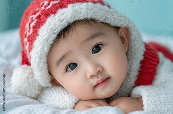 Fototapeta A cute baby wearing a Santa hat, lying on a white bed with a white blanket, against a light blue background.