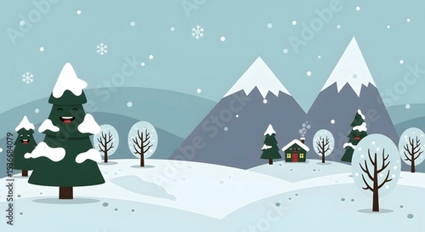 Fototapeta Cute Cartoon Winter Vector Scene with Snow and Trees