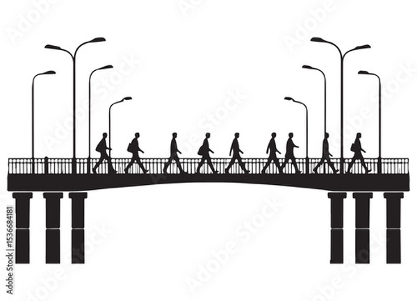 Obraz Busy pedestrian bridge silhouette with streetlights crossing illustration vector