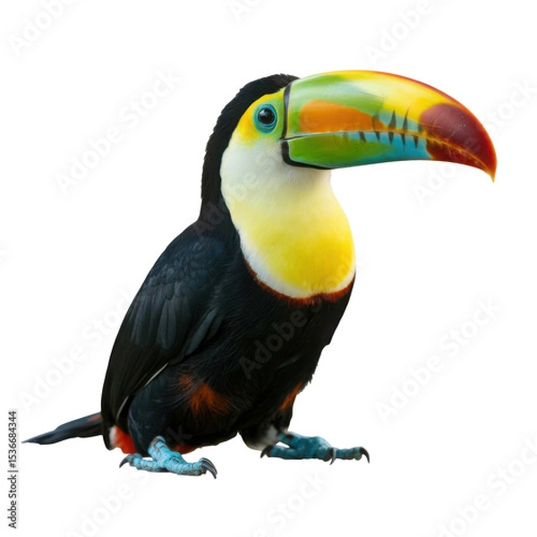 Fototapeta A toucan sitting calmly with bright yellow and red curved beak and detailed feathers isolated transparent background