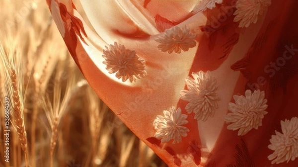 Fototapeta Delicate sheer fabric with reddish-orange hue and white floral patterns gently draped, embossed flowers appear three-dimensional, floating in golden wheat field at sunrise or sunset, 