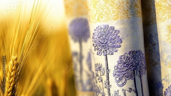 Fototapeta Close-up of golden wheat ear with fine bristles and ornate purple floral fabric, warm lighting, intricate details, soft bokeh background, harmonious warm tones.