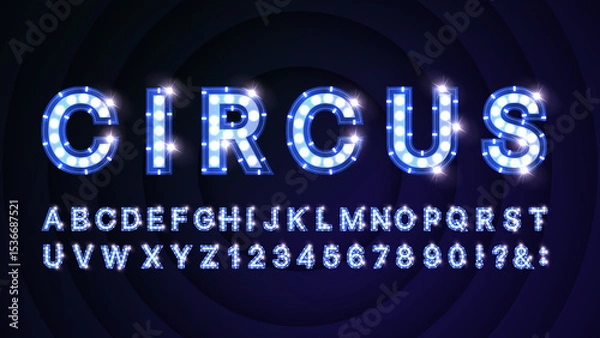 Fototapeta Retro Circus Alphabet with Blue Light Bulbs – LED Cabaret Style Letters and Numbers Vector