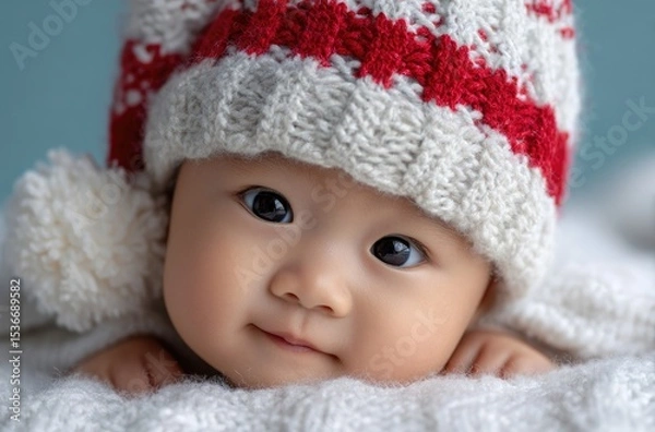 Obraz A cute baby wearing a Santa hat, lying on a white bed with a white blanket, against a light blue background.