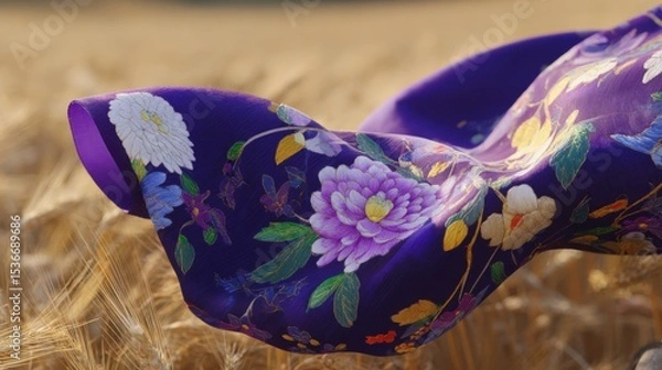 Fototapeta Vibrant deep-purple silk fabric with intricate floral pattern in white, pink, yellow, and green, gently fluttering against golden wheat field in serene rural setting.