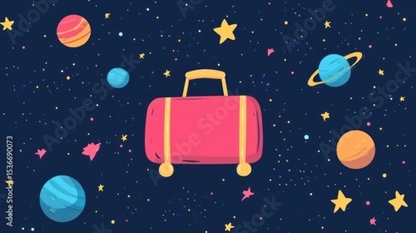Fototapeta Pink suitcase floats among stars and planets in space