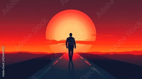 Fototapeta Silhouette of a person walking towards a large red sun