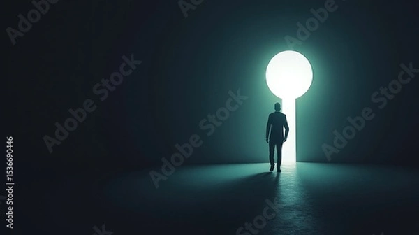 Fototapeta Silhouette figure walks toward a bright keyhole