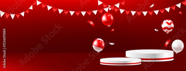 Obraz red and white 3d podium, balloons, confetti and fabric with space for text, great for special indonesian independence day promotion, poland independence day or canada independence day.