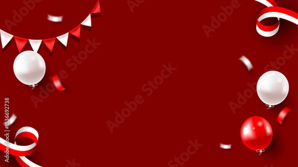 Obraz red and white  balloons, confetti and fabric on red background with space for text, suitable for indonesia independence day banner, poland independence day banner.