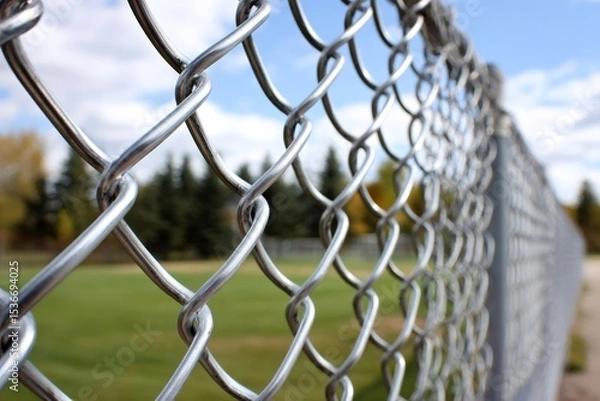Fototapeta Close up of metal chain link fence protecting green field