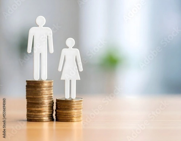 Fototapeta Gender Pay Gap Concept with Paper Cut Figures Standing on Stacks of Coins