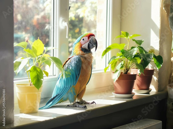 Fototapeta Parrot sitting on the edge of a sunny windowsill, head tilted, surrounded by houseplants

