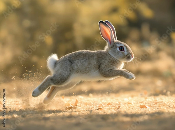 Fototapeta Rabbit jumping mid-air across a patch of sunlit carpet, captured in motion

