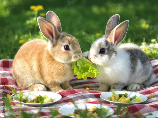 Obraz Two bunnies sharing a single piece of lettuce on a picnic-style setup with tiny plates

