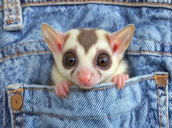 Fototapeta Sugar glider peeking out of a denim pocket, eyes wide open in a curious stare

