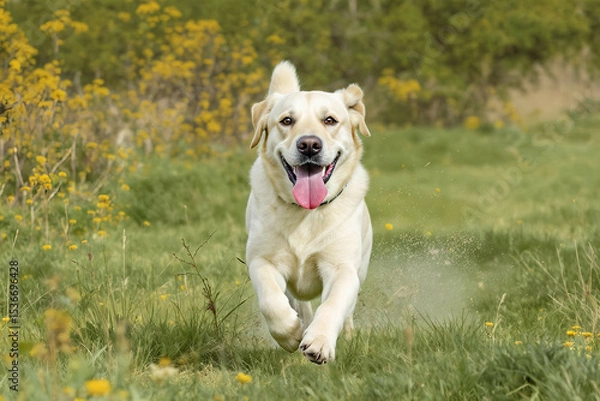 Fototapeta Active Labrador retriever running through a field, tongue hanging out, joyful face

