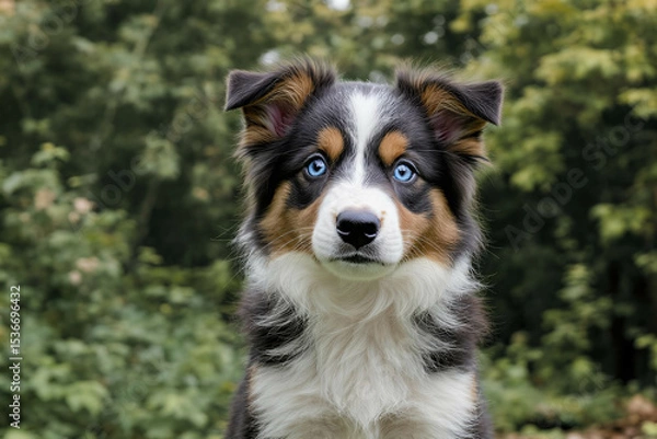 Fototapeta Border collie puppy with bright eyes and flowing fur standing in front of a forest

