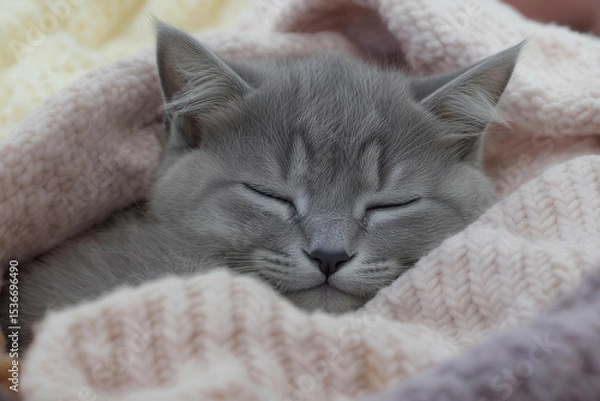 Fototapeta Close-up of a sleepy gray kitten snuggled inside a knitted blanket, soft textures surrounding its face

