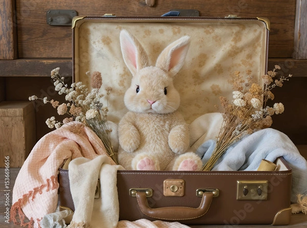 Fototapeta Fluffy rabbit sitting inside an open vintage suitcase with soft scarves and dried flowers

