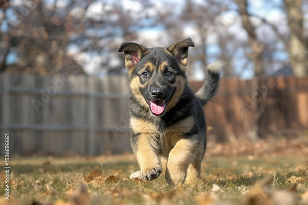 Fototapeta German shepherd puppy joyfully running in the yard, blurred trees and sky in the background


