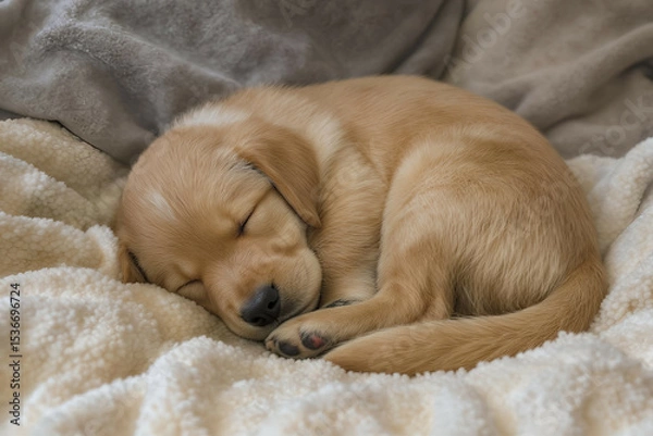 Fototapeta Golden retriever puppy curled up comfortably on a soft blanket, eyes closed peacefully

