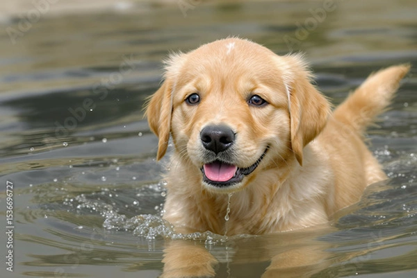 Fototapeta Golden retriever puppy with a wet nose and playful expression, just out of the water