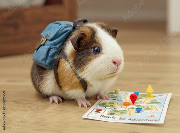 Fototapeta Guinea pig wearing a tiny backpack, “ready for adventure,” standing next to a toy map