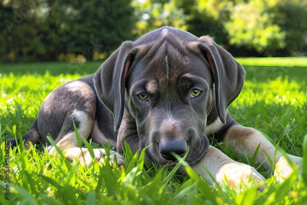 Fototapeta Great Dane puppy gently resting on the lawn, both big and adorable, bathed in soft light