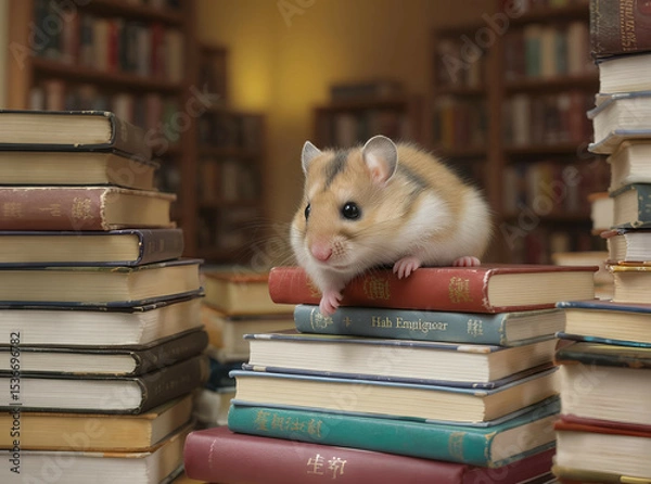 Fototapeta Hamster climbing over stacked toy books, like a tiny explorer in a miniature library