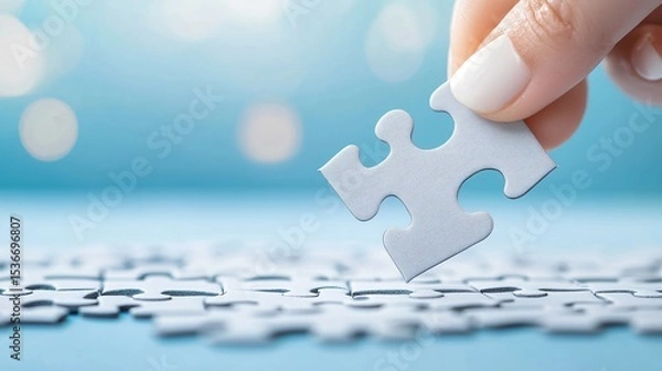 Fototapeta A jigsaw puzzle with the final piece being placed, representing completion, the fitting together of elements, and strategic problem-solving.