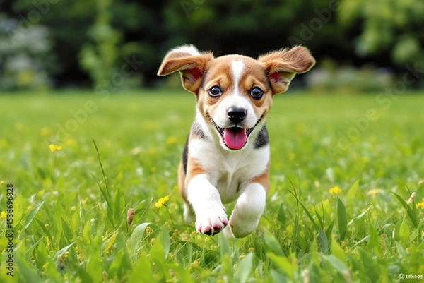Fototapeta Happy beagle puppy jumping through grass, ears flapping in the wind, eyes full of joy