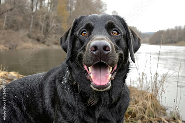 Fototapeta Labrador with a wide smile standing by the riverbank, water droplets sparkling on wet fur


