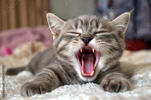 Fototapeta Macro photo of a gray kitten yawning widely while stretched out on a soft surface

