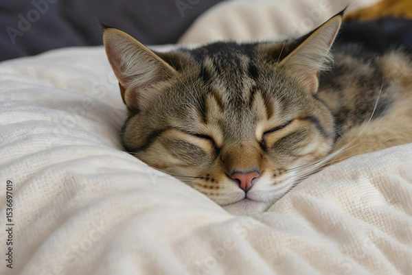 Fototapeta Macro photo of a tabby cat gently resting its head on a pillow, eyes half-closed, fur details sharp

