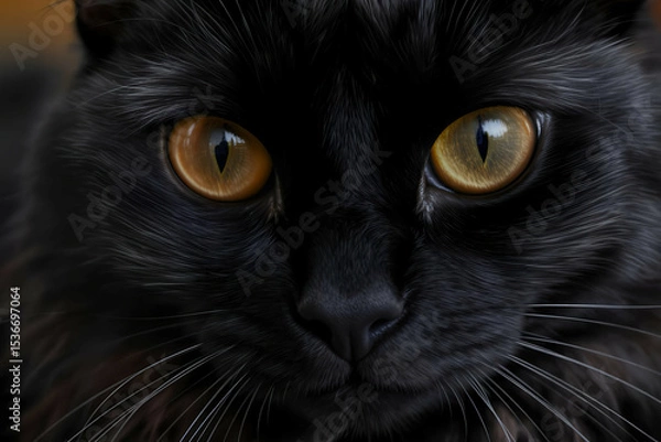 Fototapeta Macro portrait of a black cat with prominent whiskers and glossy eyes


