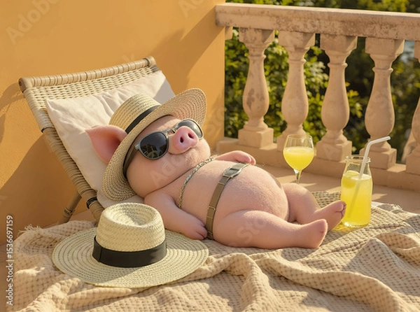 Fototapeta Mini pig lounging on a sunlit balcony with a straw hat beside it and lemonade nearby

