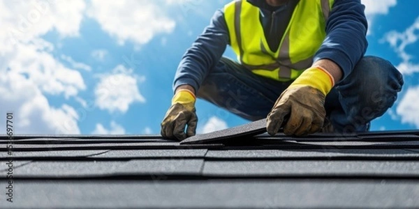 Fototapeta Roofer worker installing roof shingles, asphalt or bitumen shingle on top of the new roof under construction residential building. Man wearing an orange hard hat, safety harness working on a rooftop.