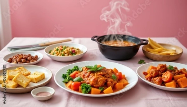 Fototapeta Delicious Homecooked Meal Featuring Steaming Chicken Soup and Colorful Vegetable Dishes on Table