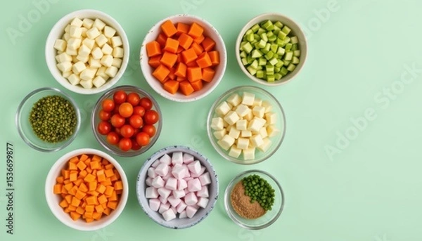 Fototapeta Colorful Assortment of Fresh Chopped Vegetables in Bowls on a Mint Green Background