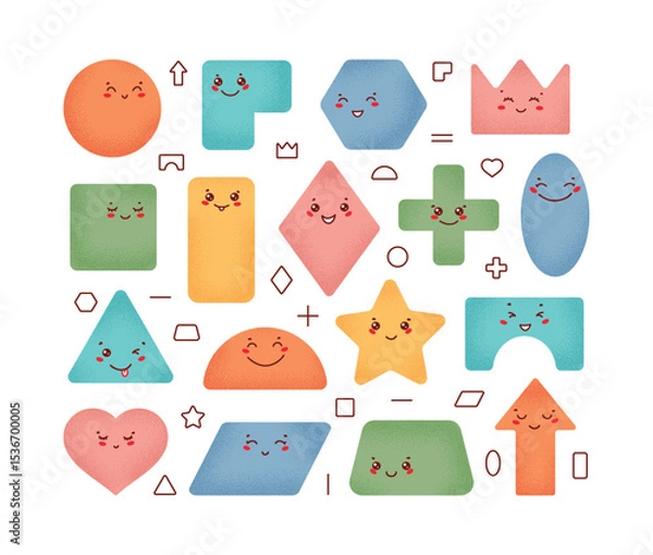 Fototapeta Colorful Cute Geometric Shapes Vector Set, Variety of Happy Kawaii Faces, Fun Educational Design for Preschool, Back to School, Kids Learning