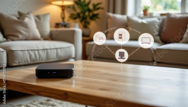 Fototapeta Smart Home Technology Device on a Wooden Table in a Cozy Living Room with Modern Furniture
