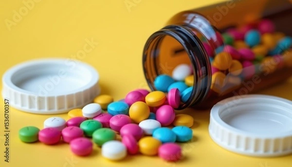Fototapeta Colorful Pills and Capsules Spilling from Brown Bottle Against Bright Yellow Background